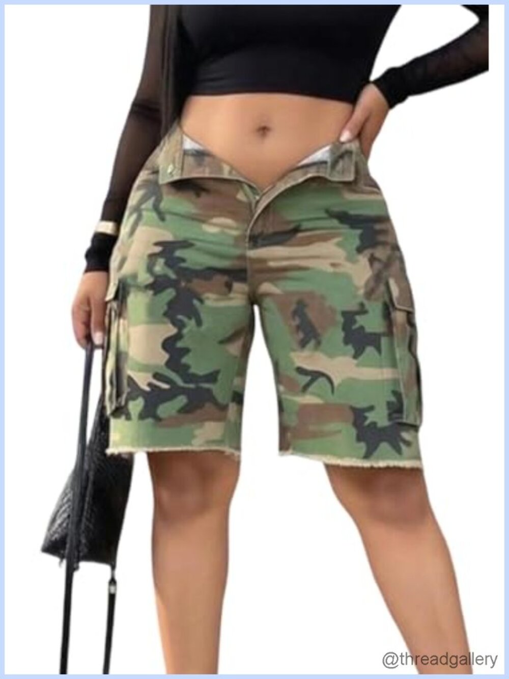 High Waist Stretchy Denim Cargo Bermuda Shorts with Pockets Camo